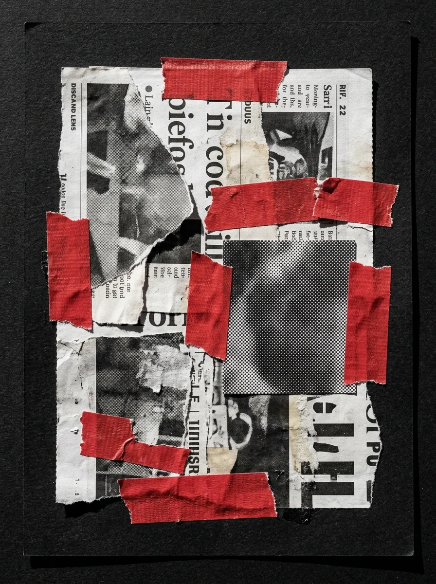 Collage analógico de papel rasgado y cinta roja sobre negro