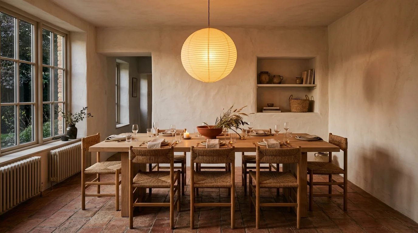 Comedor con mesa larga de roble y lámpara de papel encendida