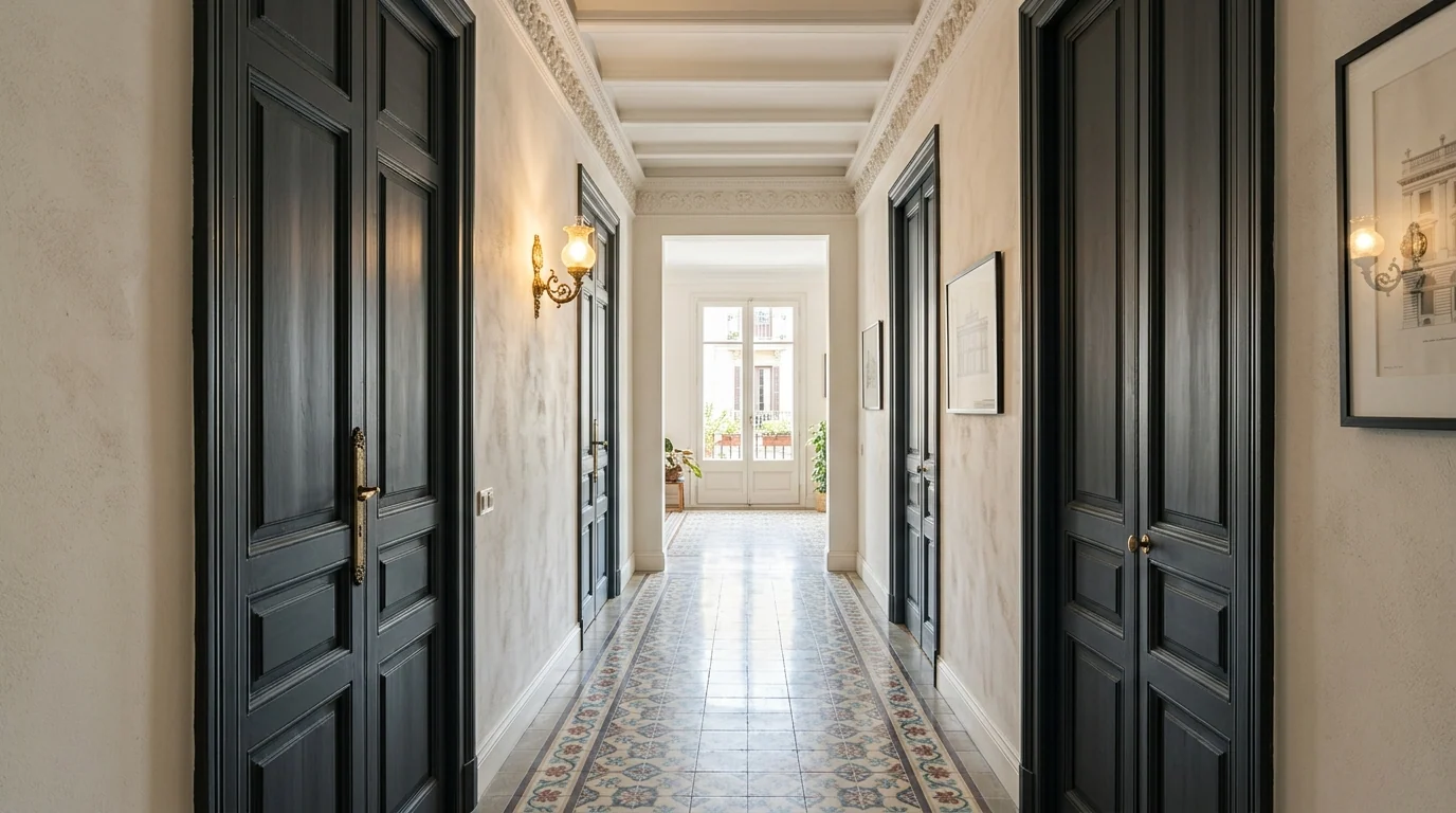 Pasillo de piso barcelonés reformado con suelo hidráulico original