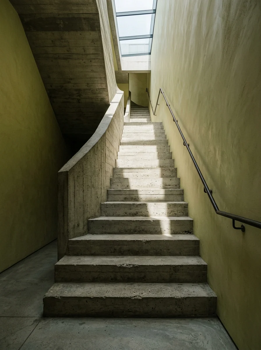 Escalera escultórica de hormigón bajo un lucernario estrecho