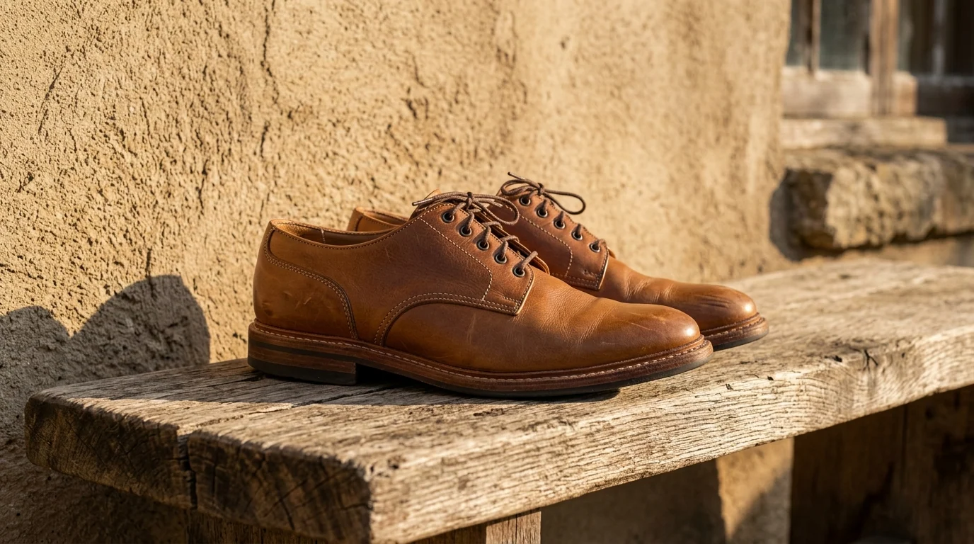 Zapatos de piel sobre un banco de madera envejecida