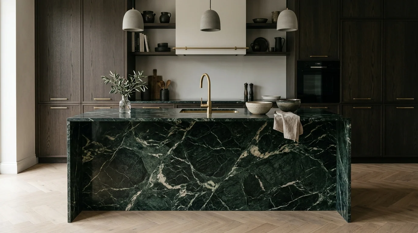 Cocina con isla monolítica de mármol verde