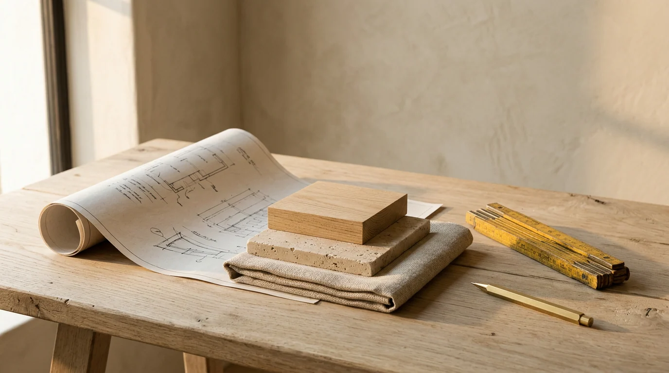 Mesa de trabajo del estudio con planos, muestras de material y regla plegable