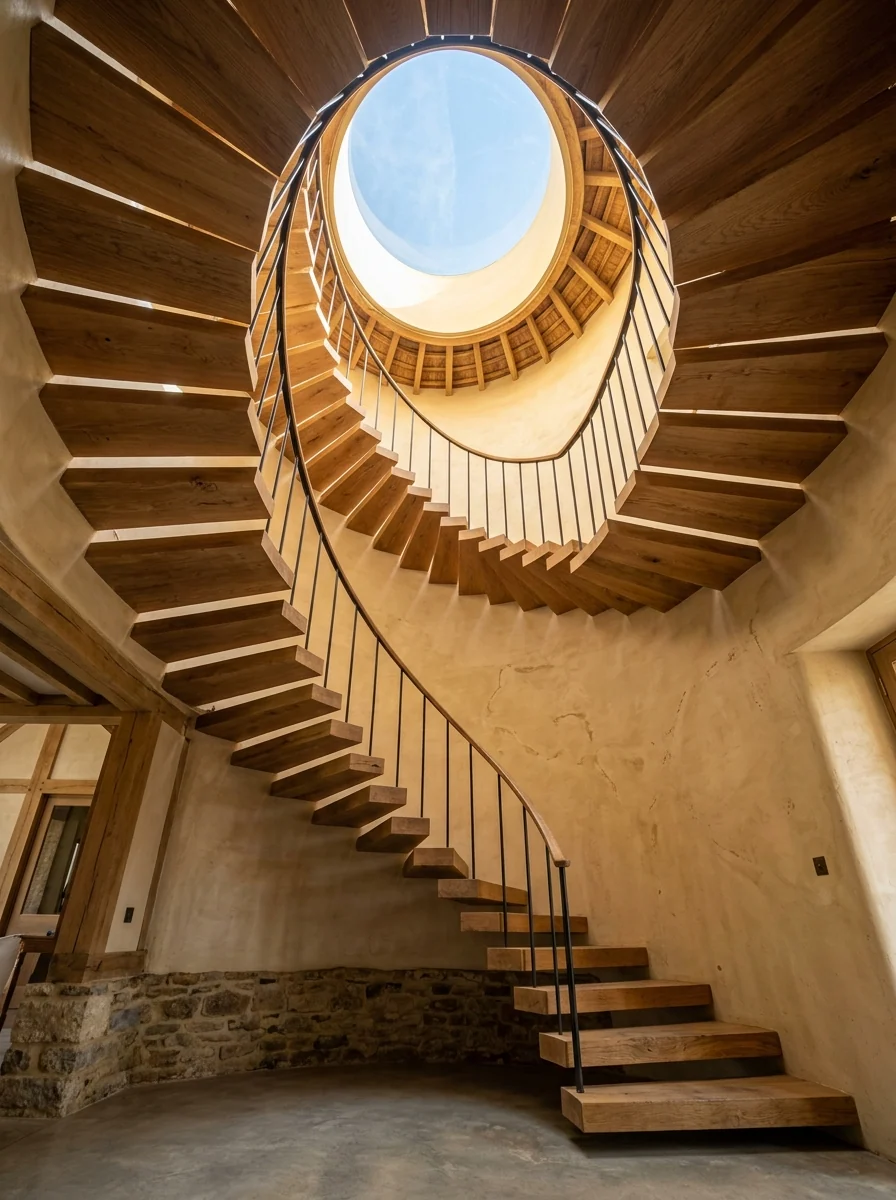 Escalera de caracol de peldaños de roble en voladizo