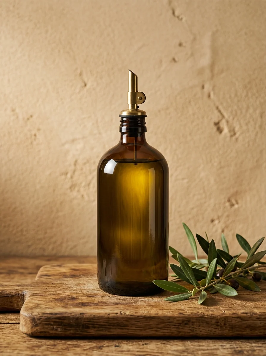 Botella de aceite de oliva en vidrio ámbar sobre tabla de madera