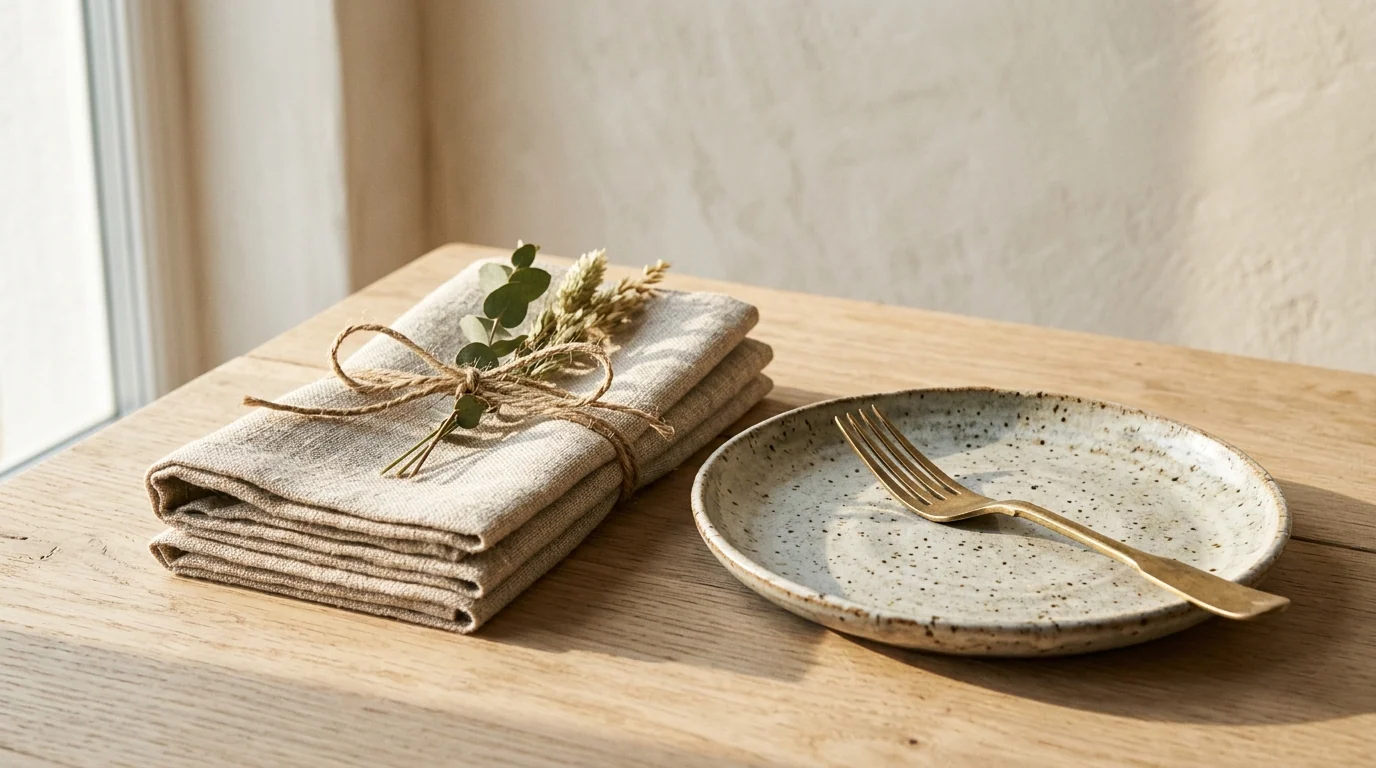 Servilletas de lino apiladas junto a un plato de gres