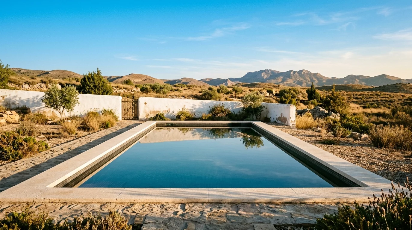 Piscina de obra con coronación de piedra clara