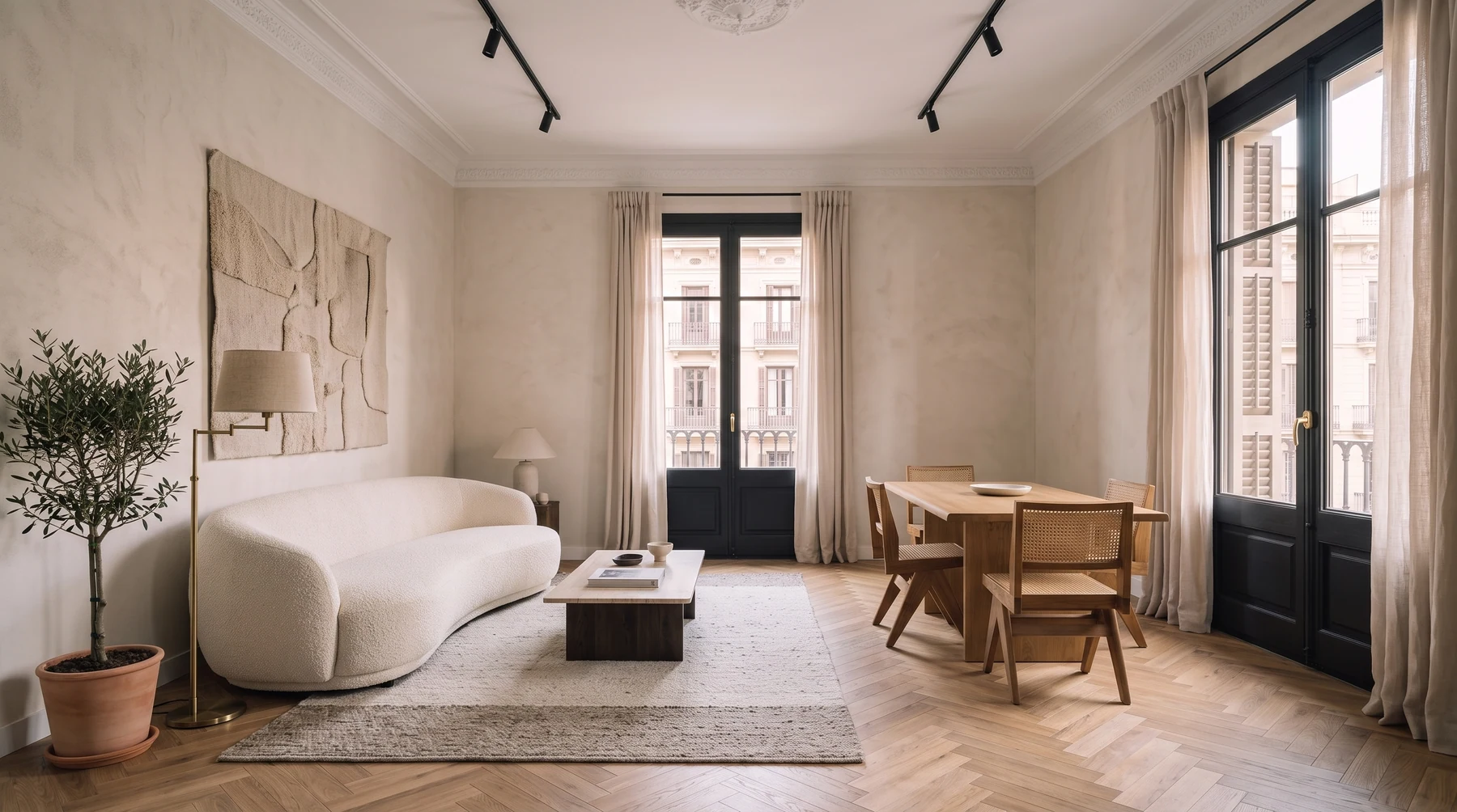 Salón y comedor de un piso reformado en Barcelona, con parquet de espiga