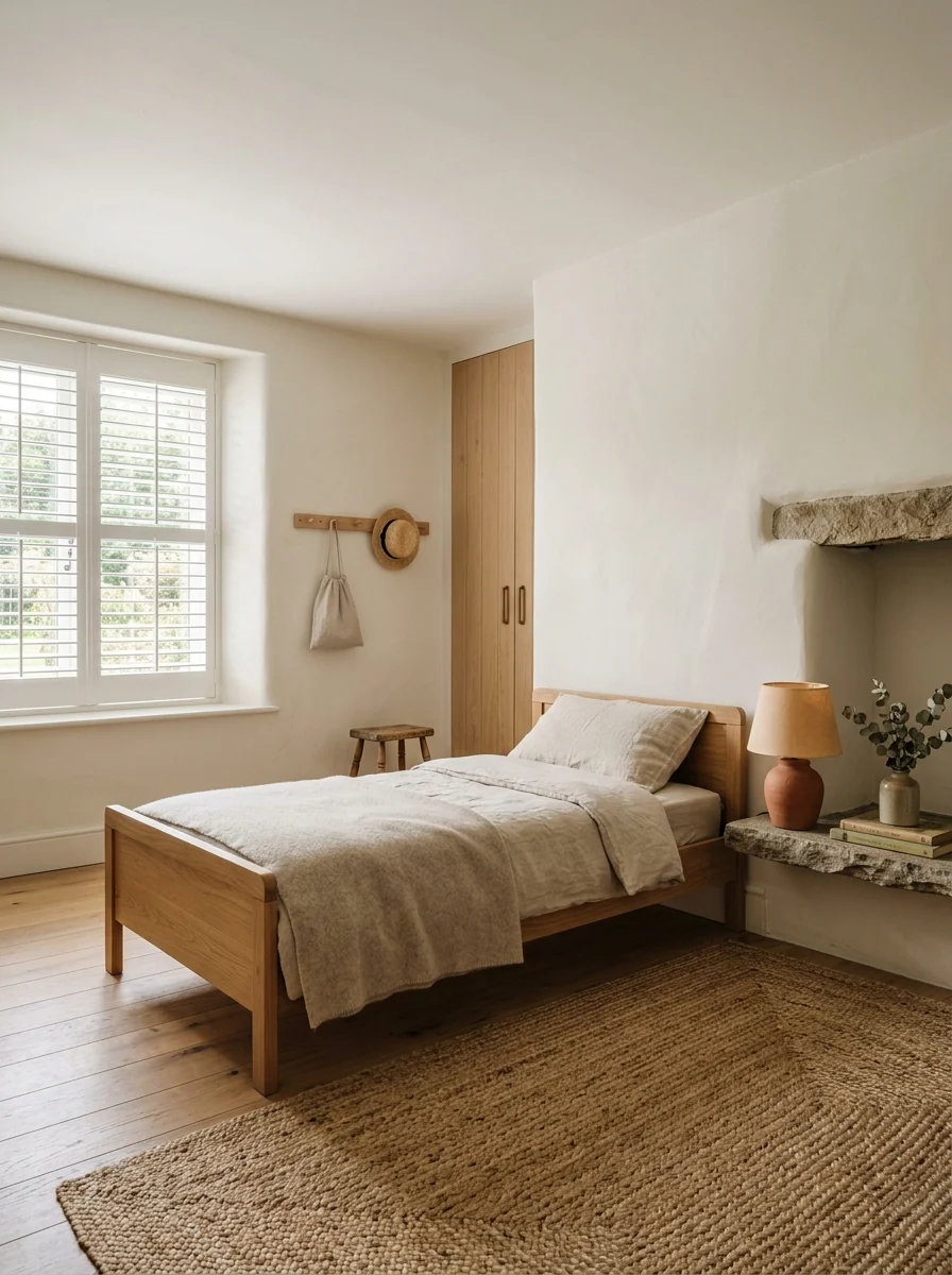 Dormitorio infantil sereno con cama baja de roble y ropa de lino
