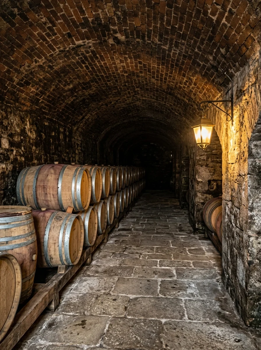 Bodega de piedra con bóveda de ladrillo y barricas de roble