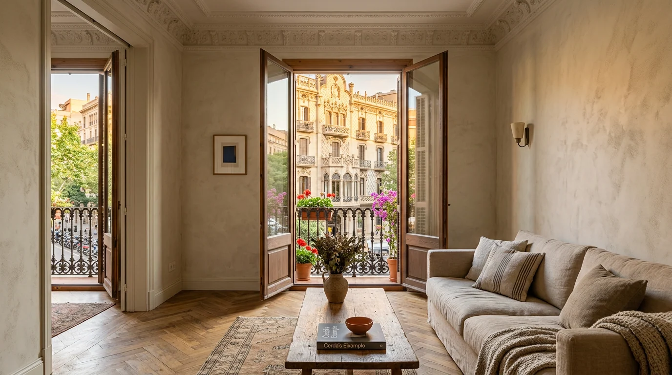 Salón con moldura de escayola y puerta de balcón sobre una fachada modernista