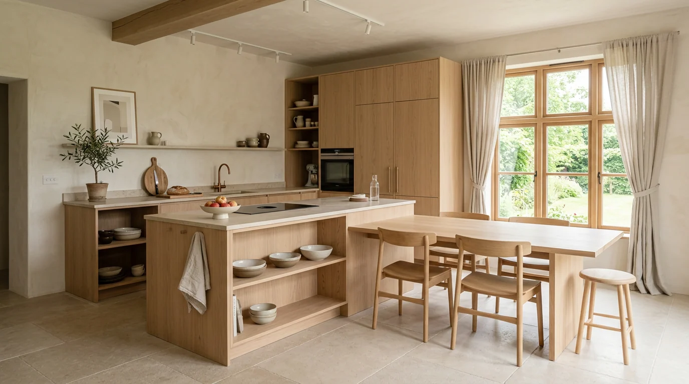Cocina abierta con isla de roble y mesa integrada en una sola pieza