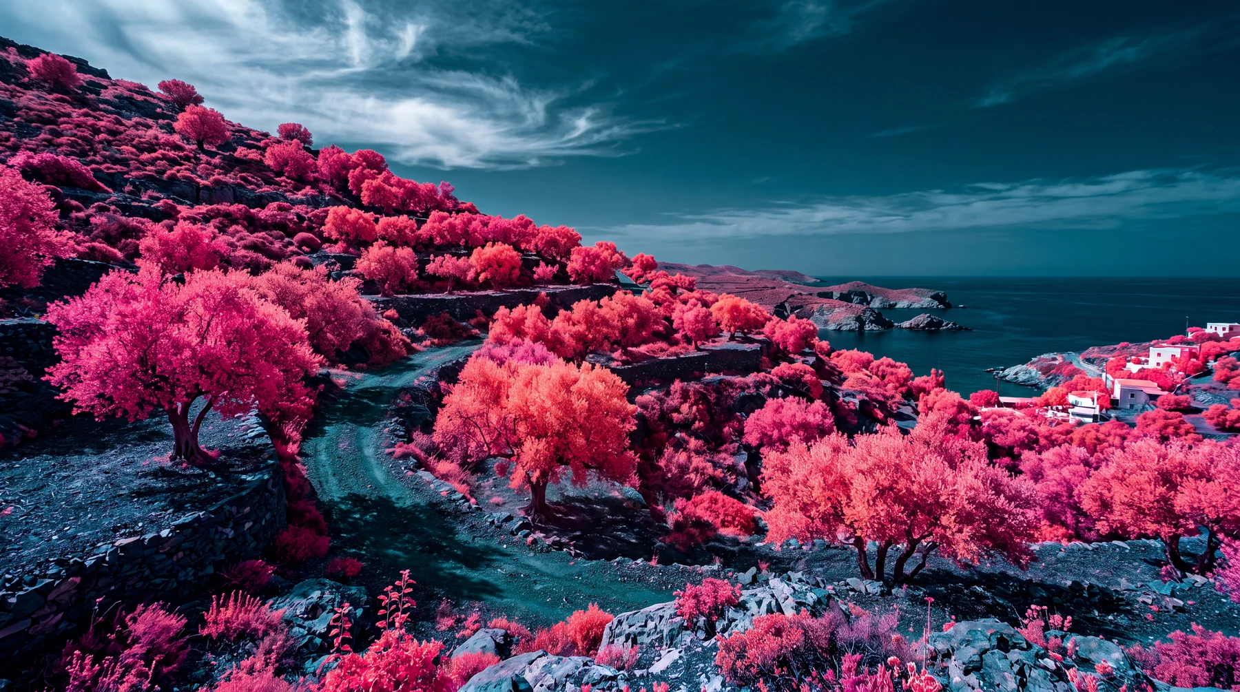 Ladera mediterránea en falso color magenta contra cielo turquesa