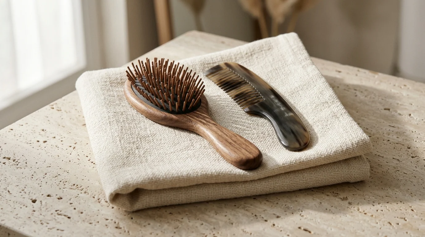Cepillo de madera y peine sobre toalla de lino doblada