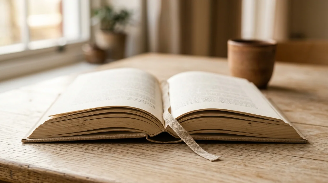 Libro abierto boca abajo sobre mesa de roble con cinta de lino