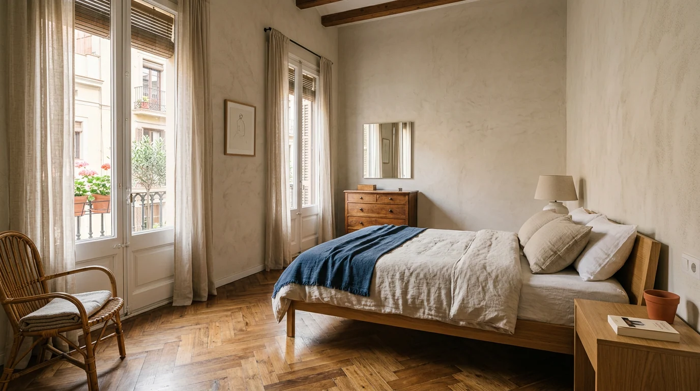 Dormitorio con parquet de espiga y puerta de balcón con cortina de lino