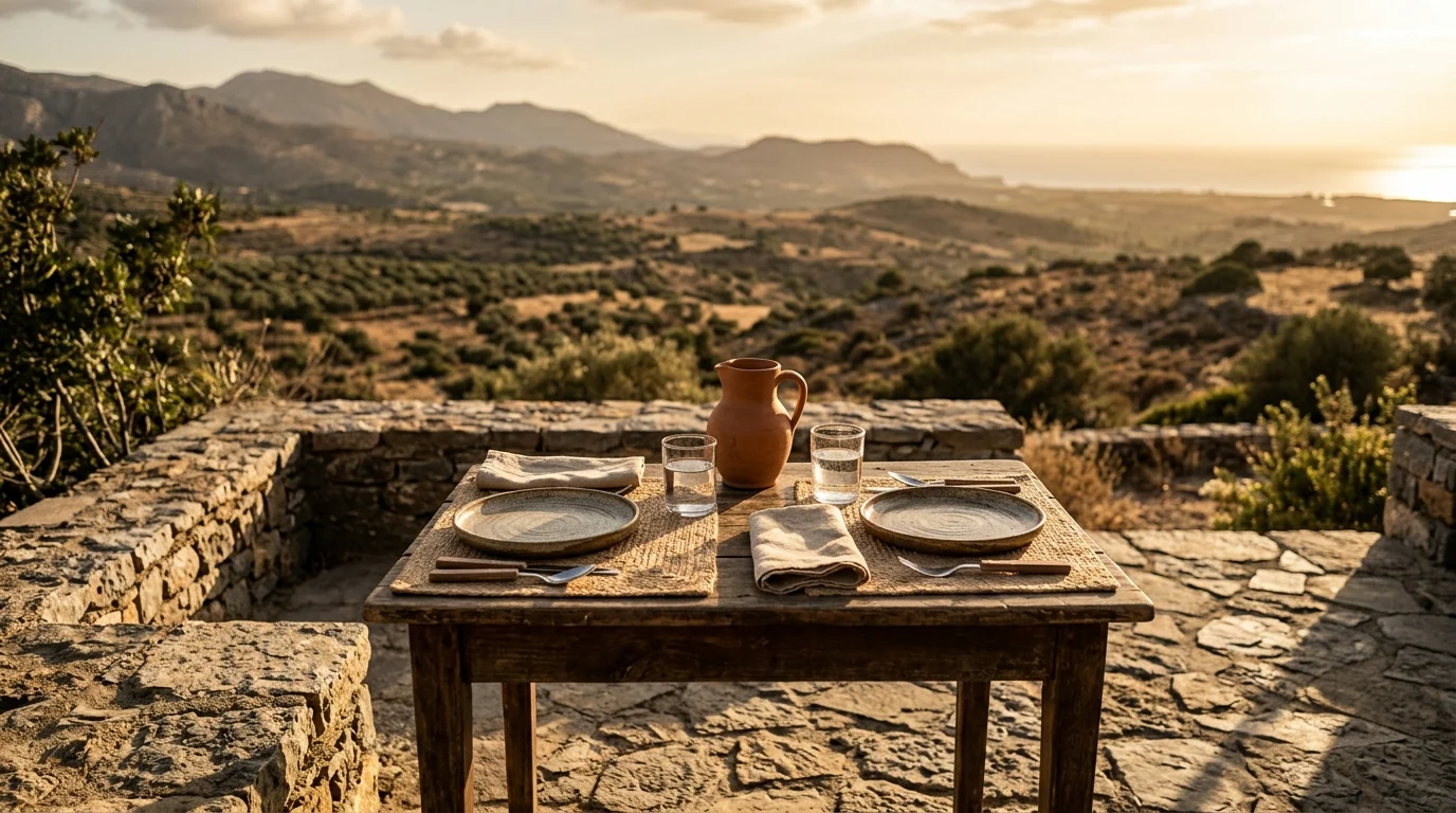 Mesa puesta para dos en una terraza de piedra