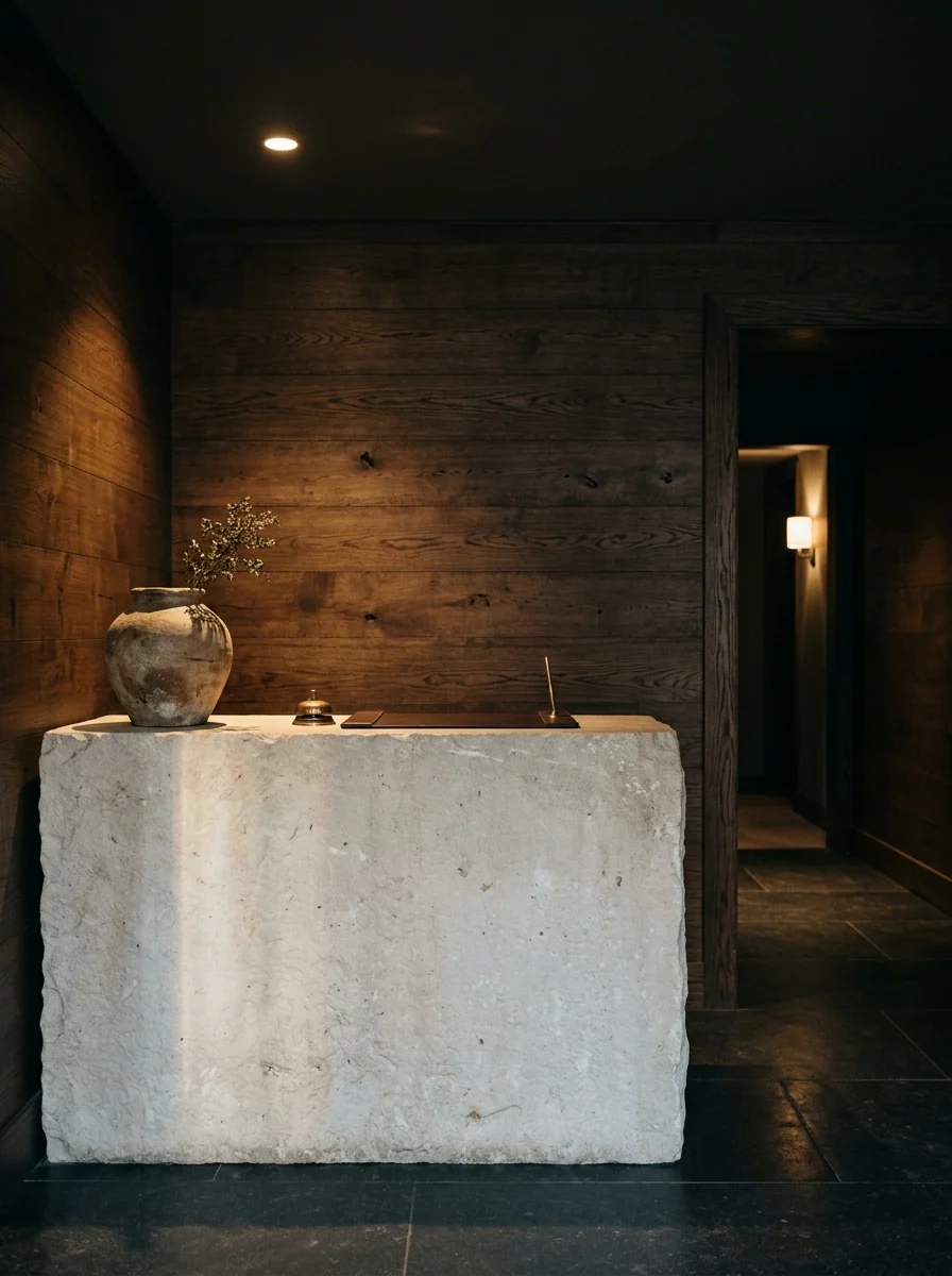 Recepción de hotel con mostrador monolítico de piedra