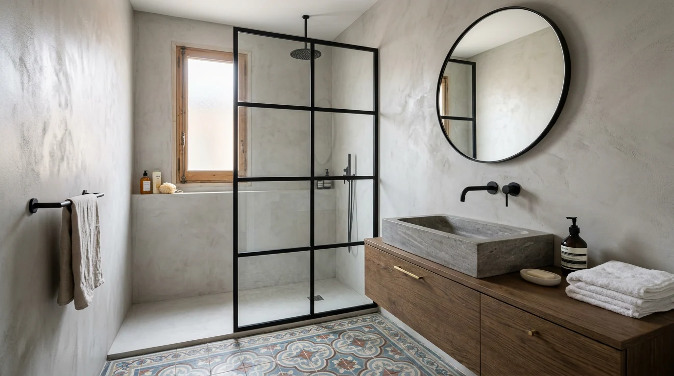 Baño reformado con microcemento, mampara de acero y suelo hidráulico