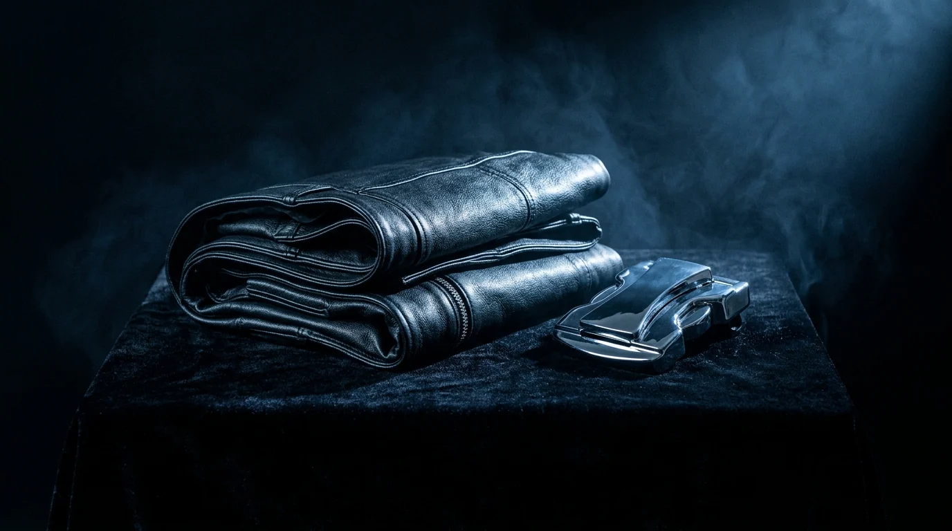 Bodegón de moda oscuro con piel y cromo sobre terciopelo negro