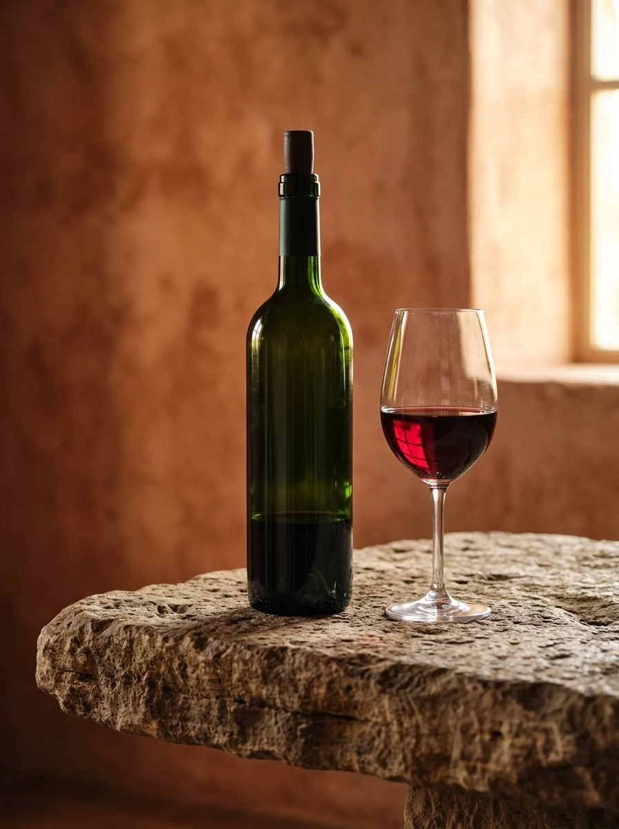 Botella y copa de vino tinto sobre mesa de piedra