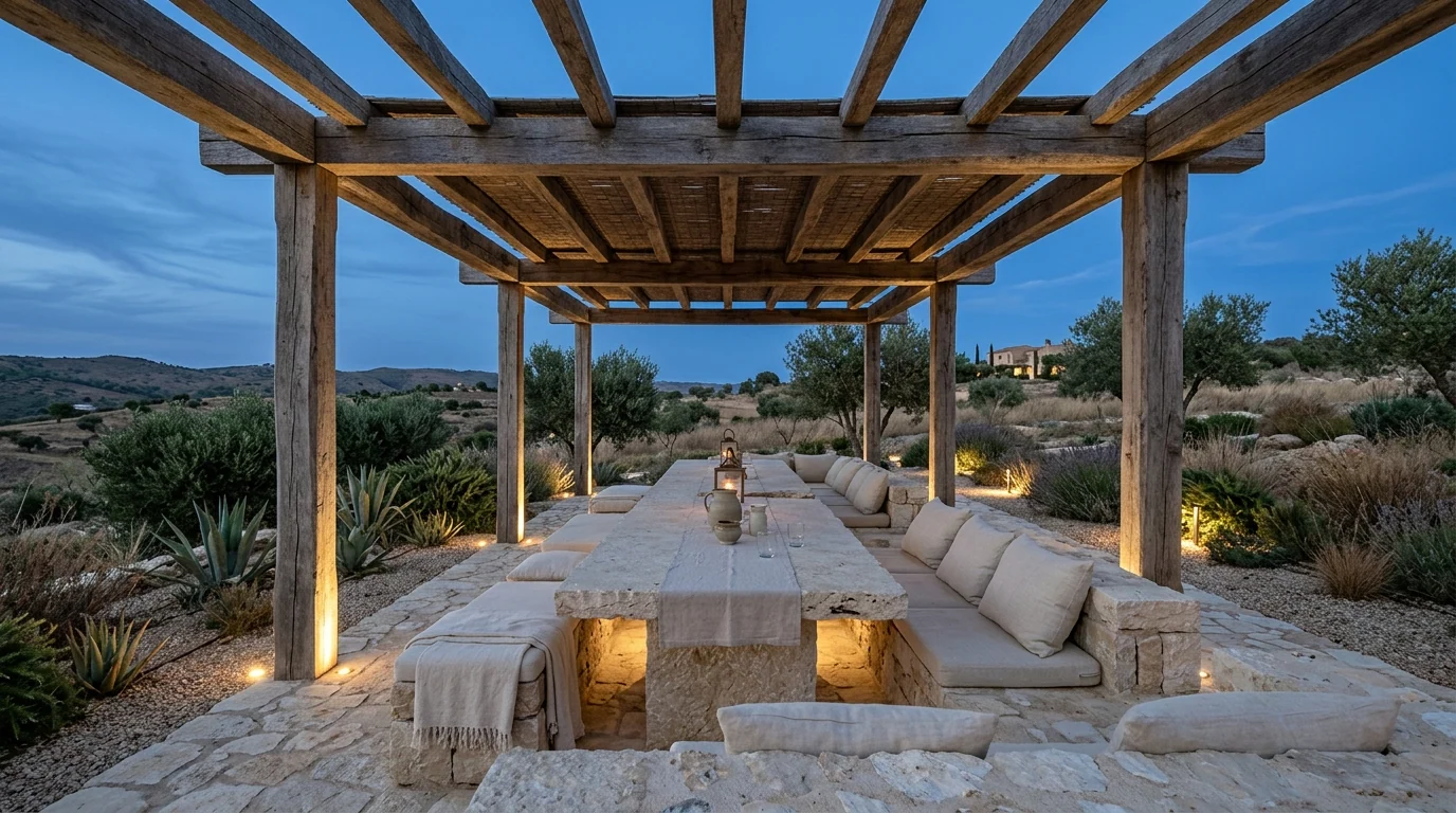 Terraza al anochecer bajo pérgola de madera