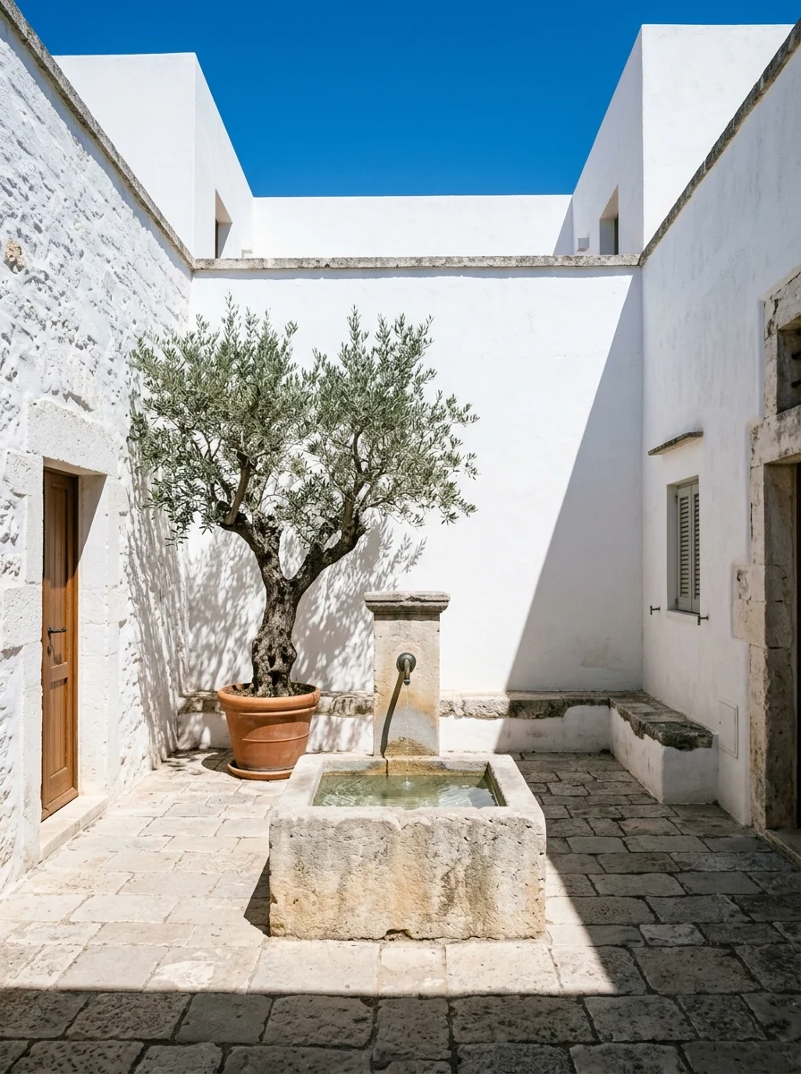 Patio interior con fuente de piedra y un olivo