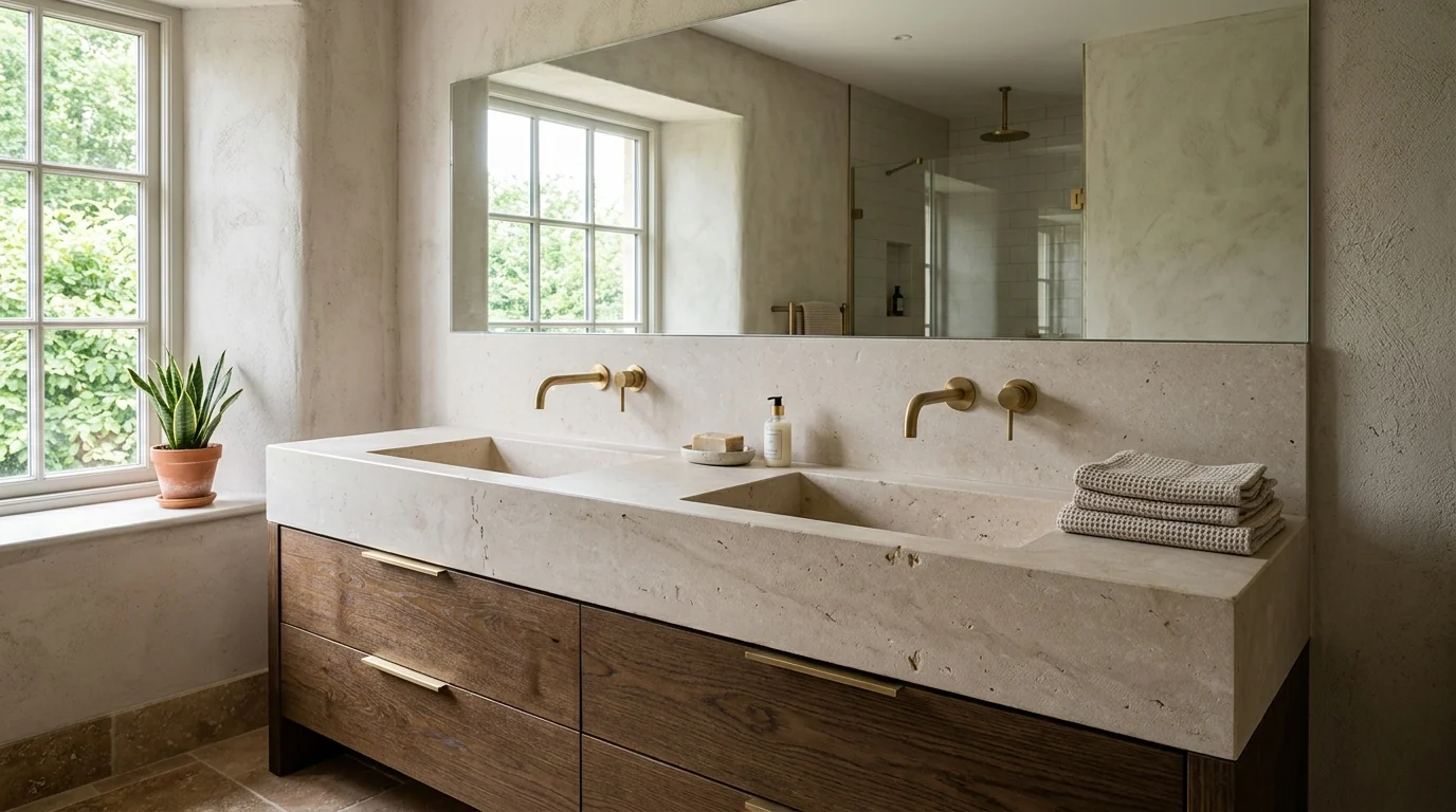 Baño con lavabo doble tallado en un bloque de piedra clara