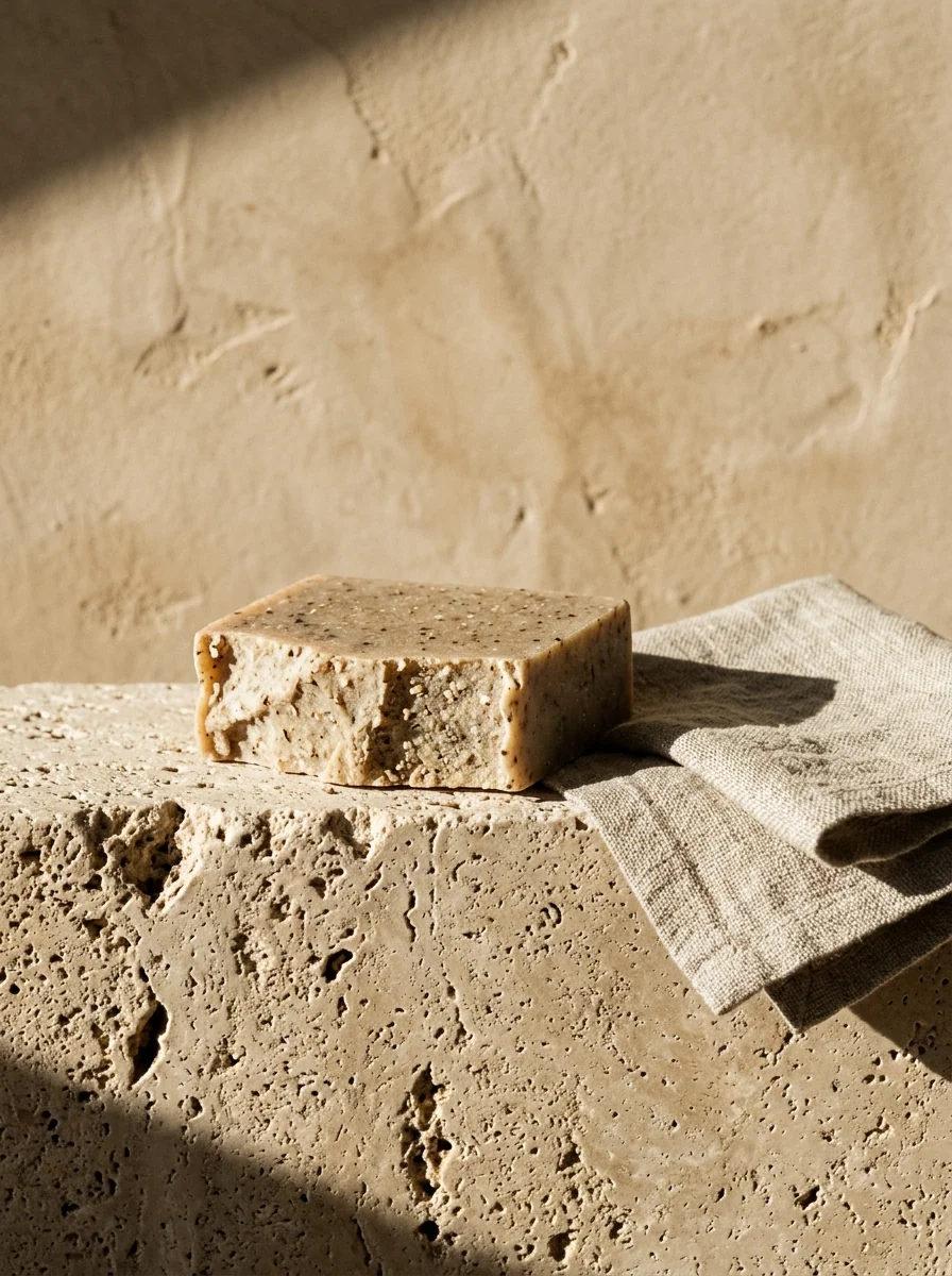 Pastilla de jabón artesanal sobre repisa de travertino