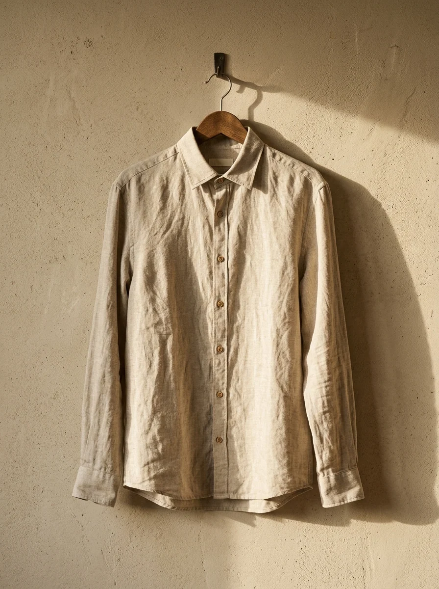 Camisa de lino en percha de madera contra pared de cal