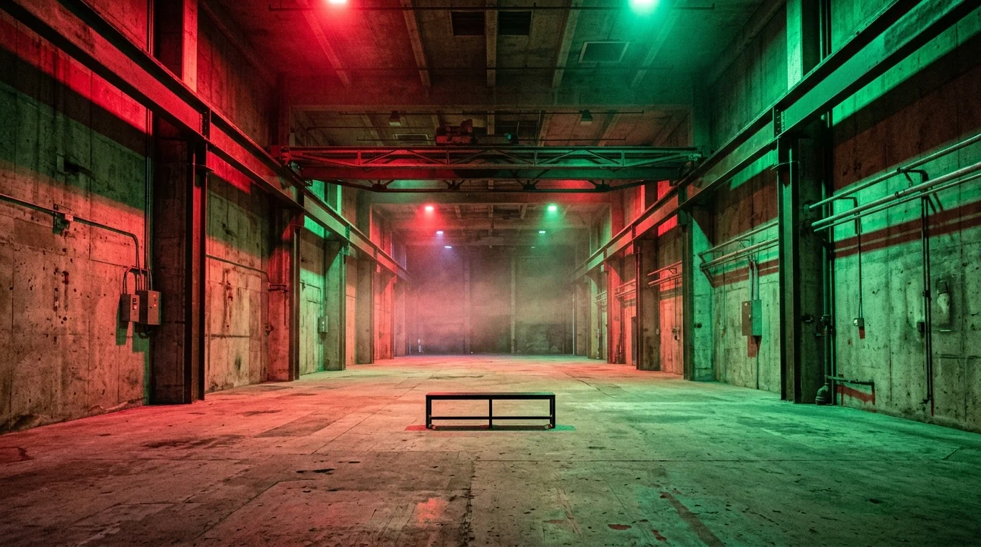 Nave industrial bañada por luces de gel verde y roja