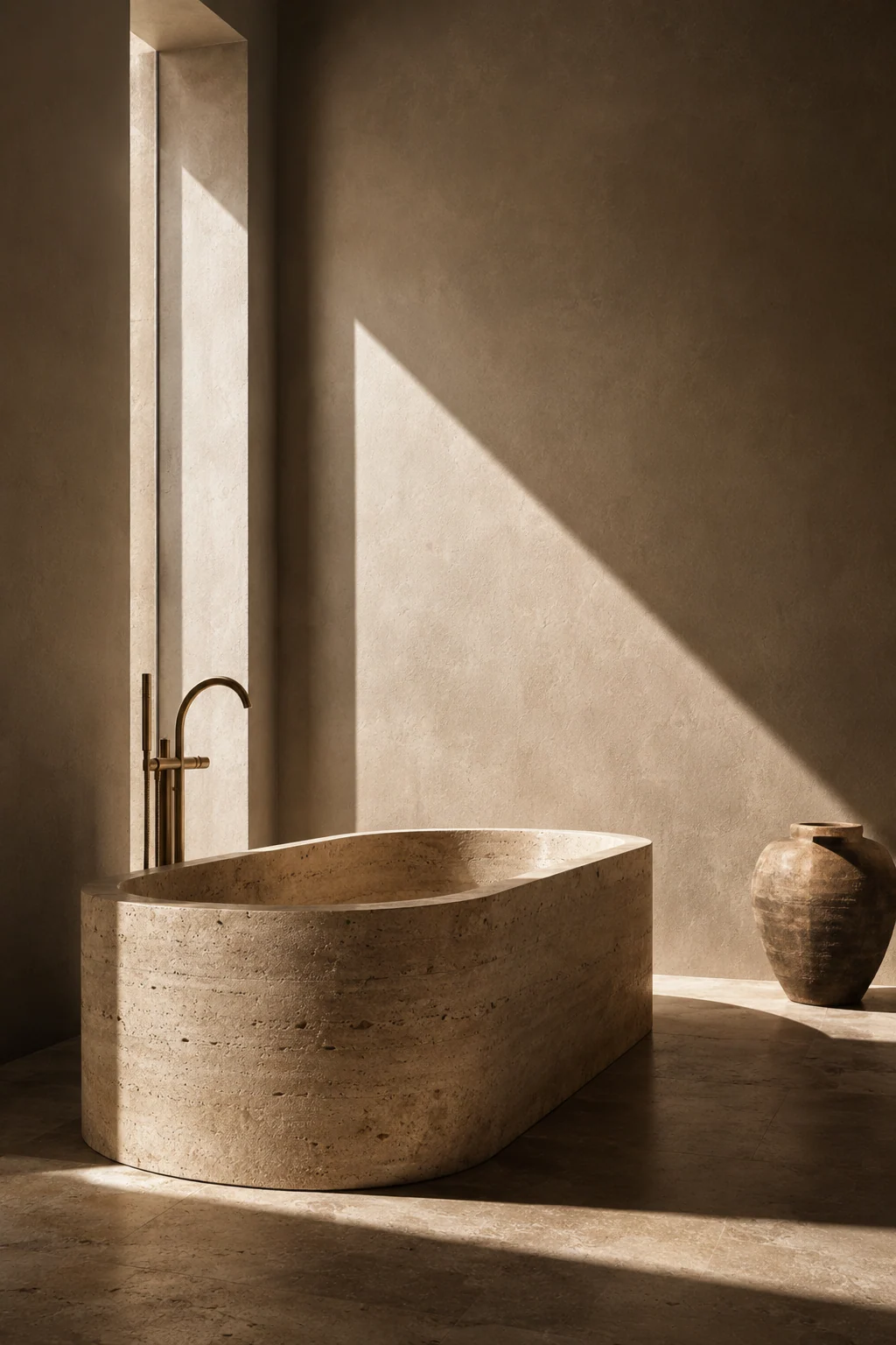 Bañera exenta de travertino bajo un haz de luz natural