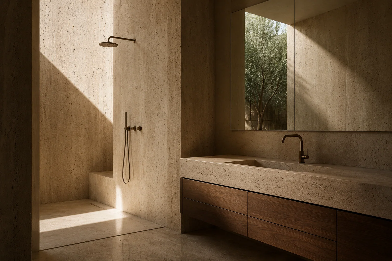 Baño de travertino con ducha de obra