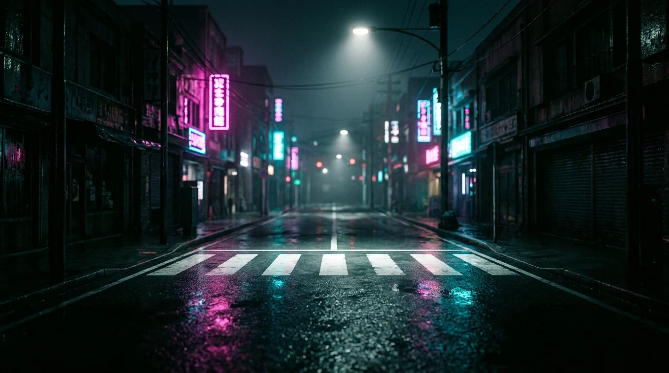 Calle nocturna con asfalto mojado y neón magenta y cian