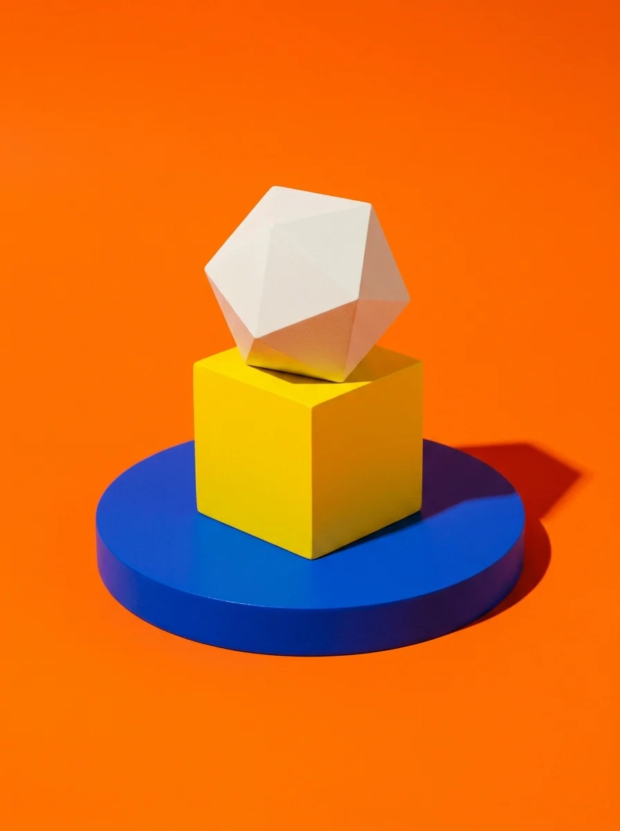 Bodegón pop de formas geométricas sobre fondo naranja saturado