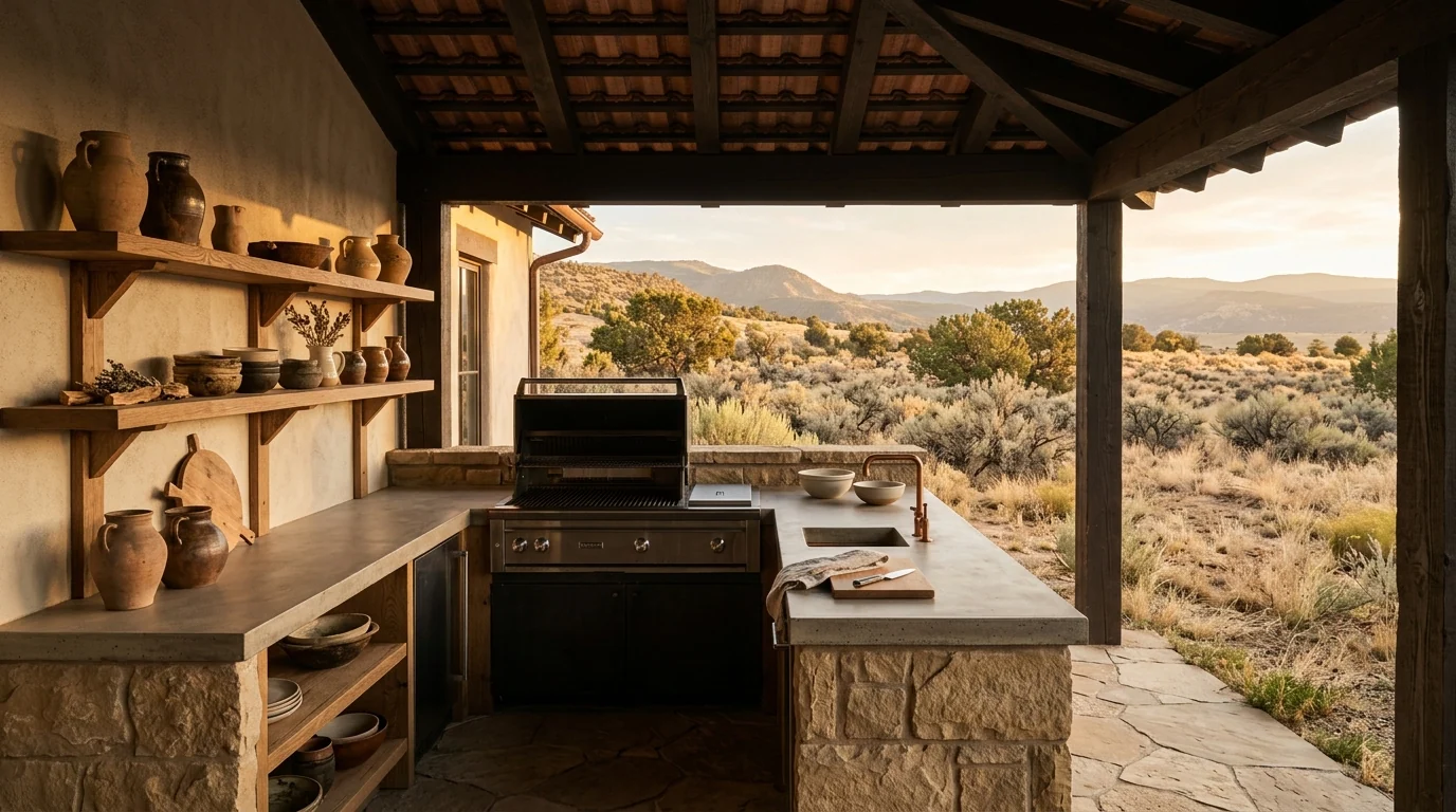 Cocina exterior cubierta con encimera de obra y parrilla de acero