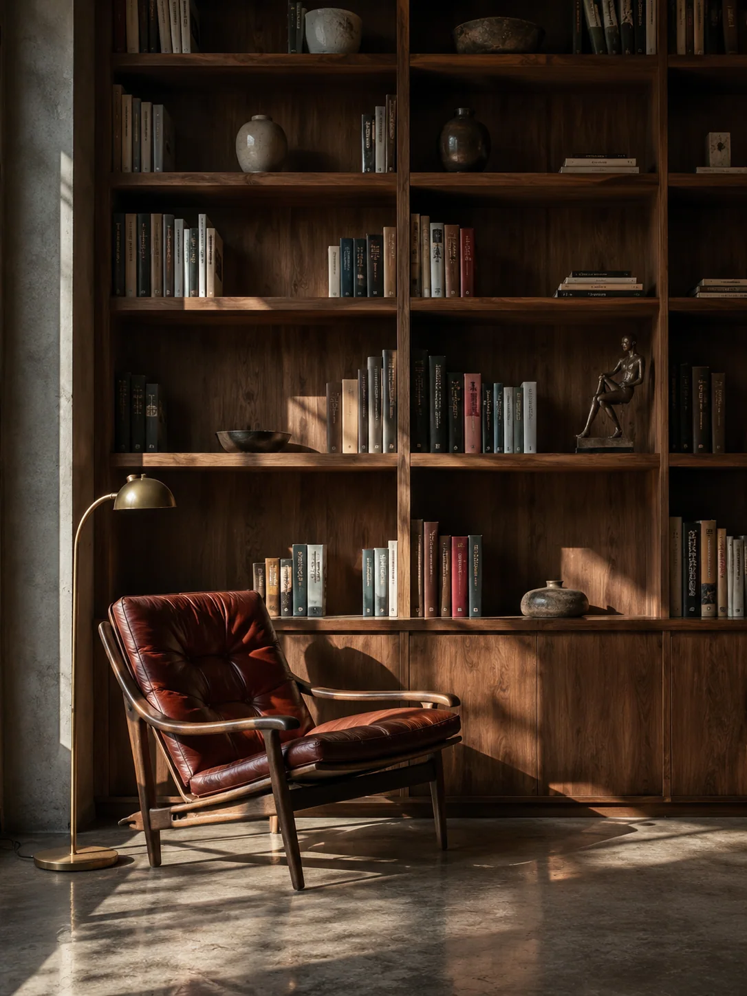 Biblioteca de nogal con butaca de cuero y lámpara de latón