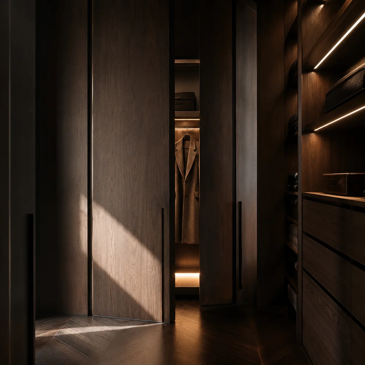 Vestidor de roble oscuro con iluminación lineal