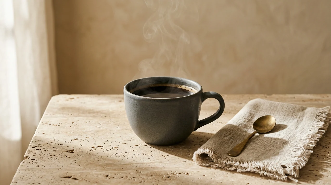 Taza de gres con café sobre mesa de travertino a primera hora