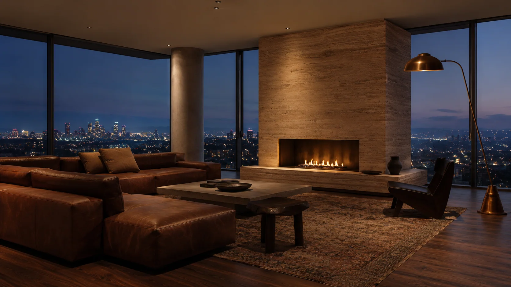Salón en altura con chimenea de travertino y vistas a la ciudad al anochecer