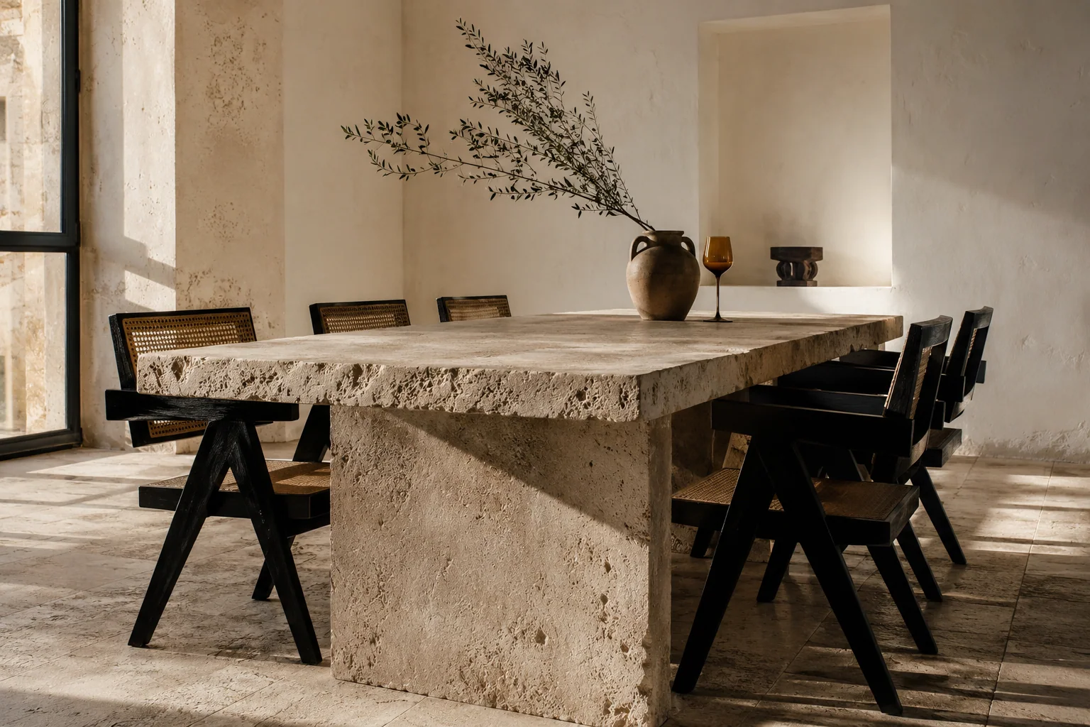 Comedor con mesa maciza de travertino y sillas de teca