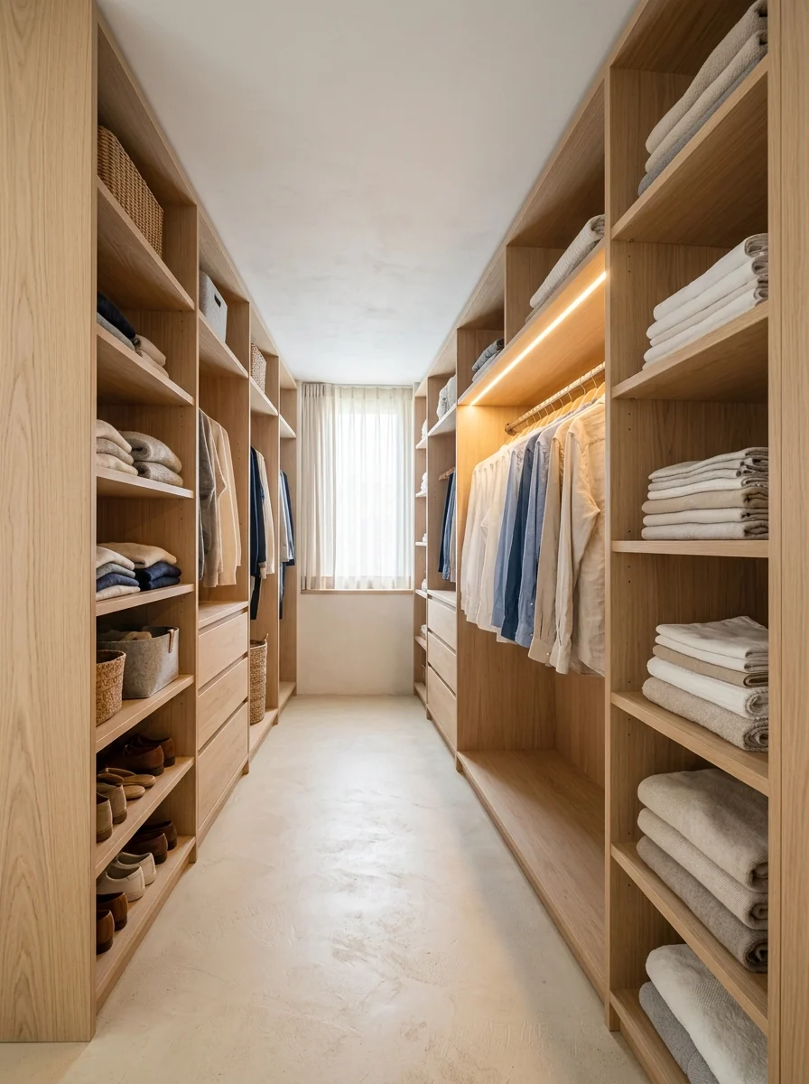 Vestidor de roble claro con estantería abierta y luz lineal