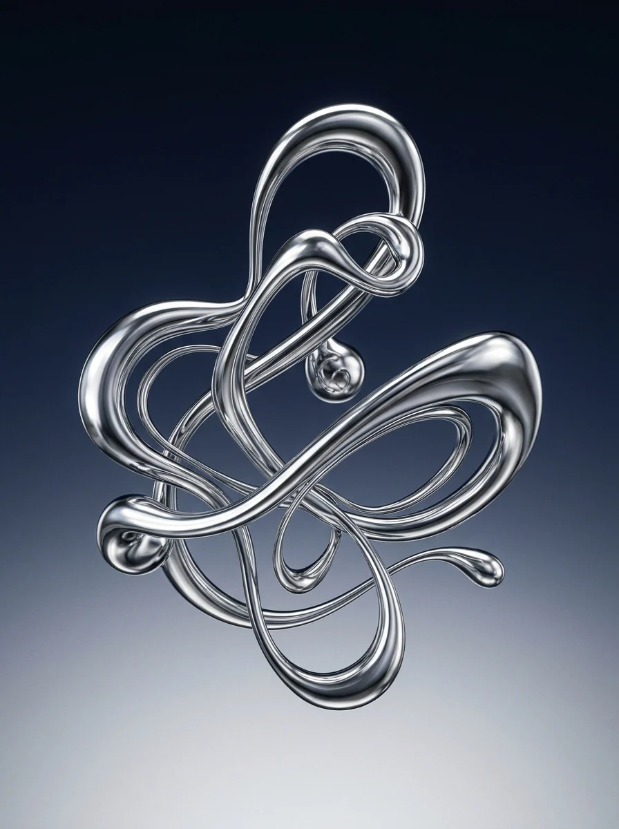 Escultura de cromo líquido sobre degradado azul y plata