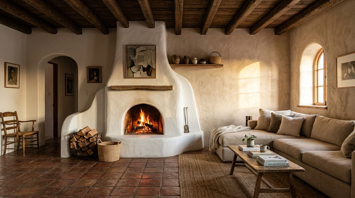 Salón con chimenea de obra encalada y viga vista