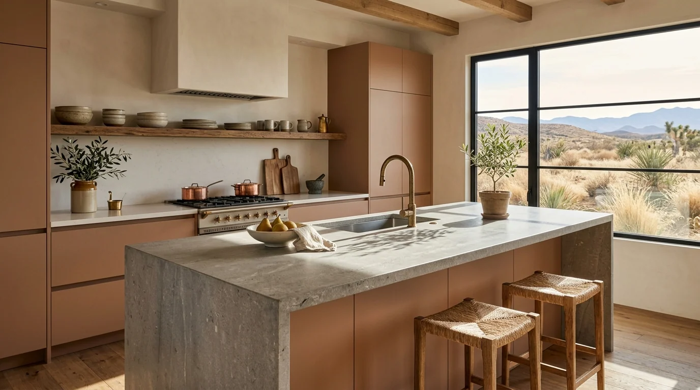 Cocina con isla larga de caliza gris y frentes color arcilla