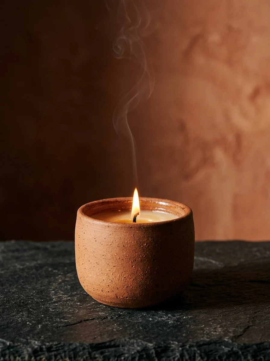 Vela encendida en recipiente de cerámica mate