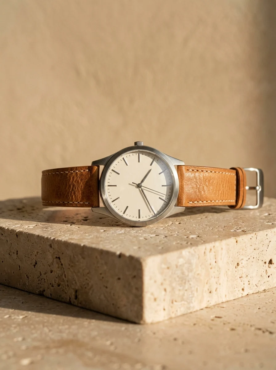Reloj de pulsera con correa de piel sobre bloque de travertino