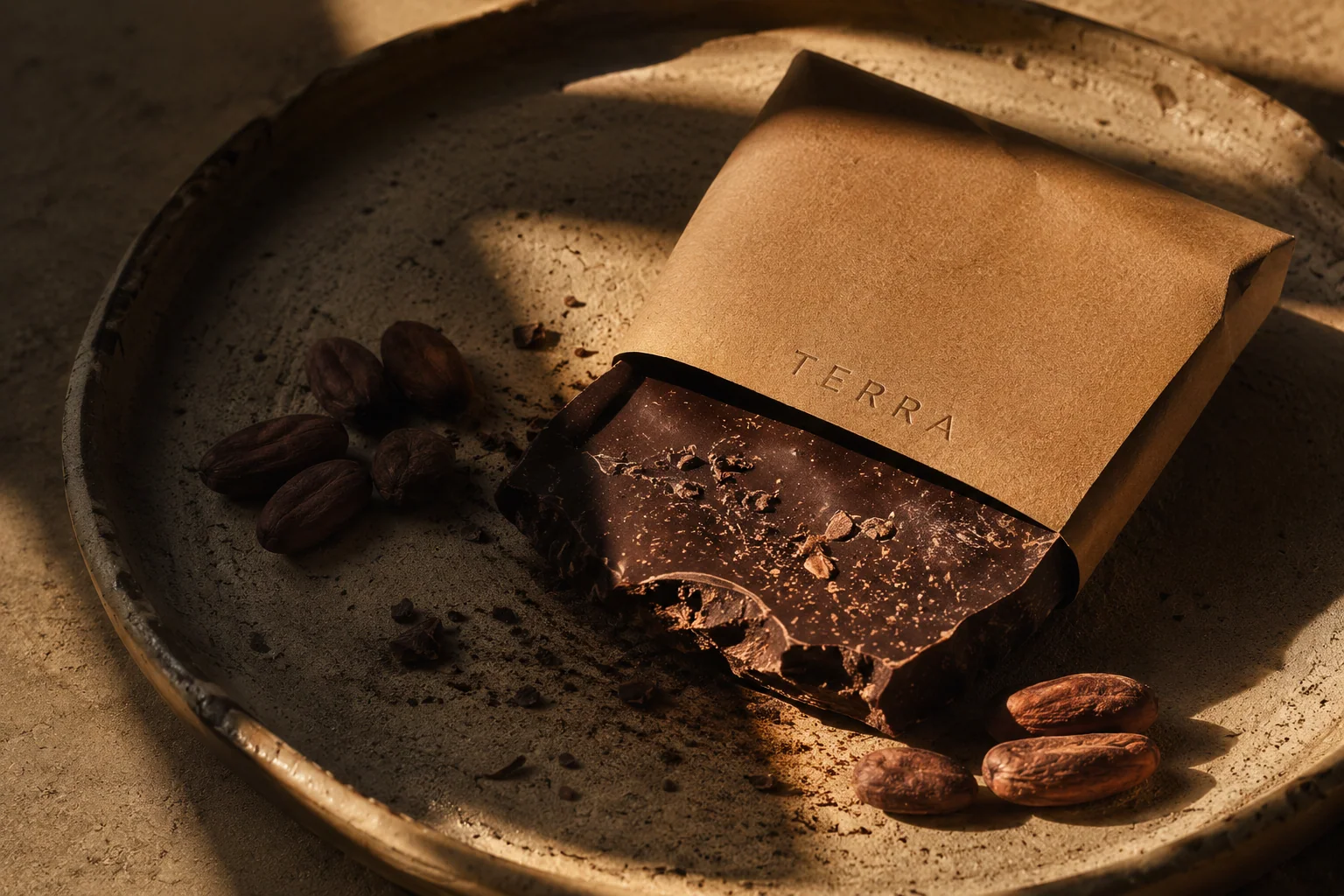 Tableta de chocolate TERRA envuelta en papel kraft sobre plato de cerámica