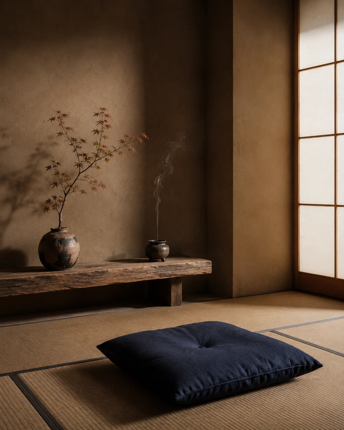Sala de tatami con banco de madera vieja y rama de arce