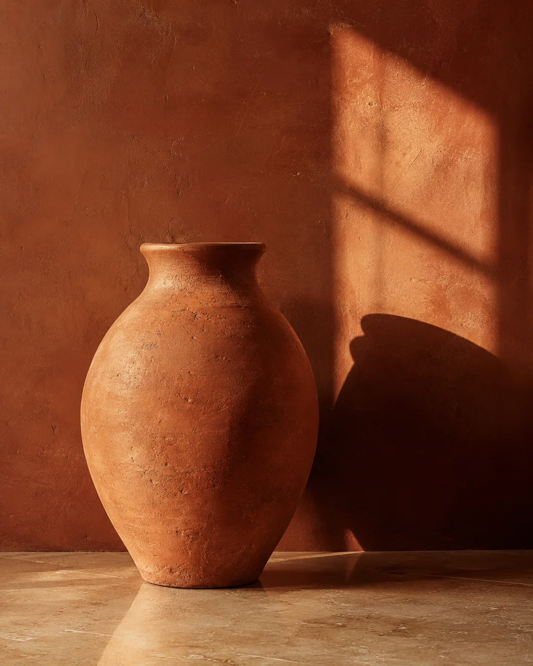 Vasija de barro cocido contra pared de estuco terracota